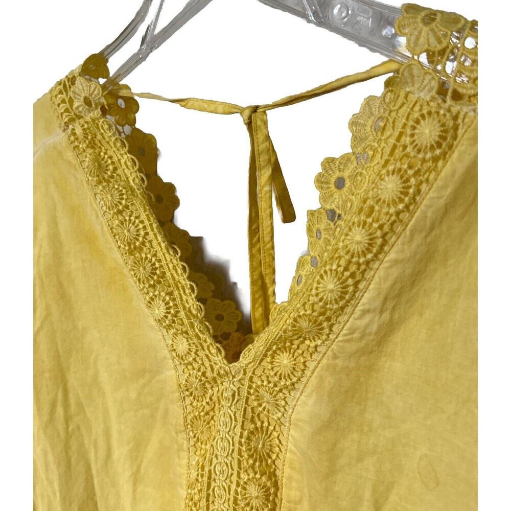 V-Neck Tunic Blouse Yellow Embroidered Crochet Trim Size L Indigo Thread Co. - Picture 5 of 12